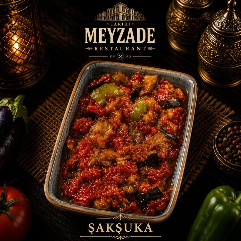 Şakşuka (aubergines frites à la tomate) — Tarihi Meyzade, meyhane de Kasımpaşa, Istanbul
